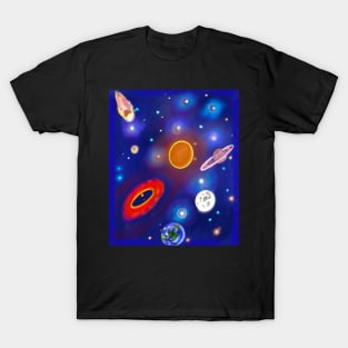 stars, planets, sun, moon, comet, mars, Saturn space collage T-Shirt